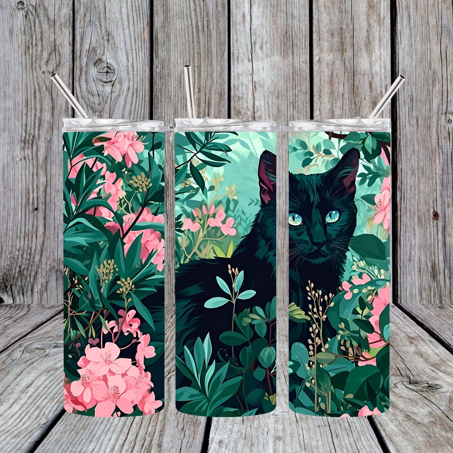 Stainless Steel Sublimated Tumbler Black Cat With Flowers