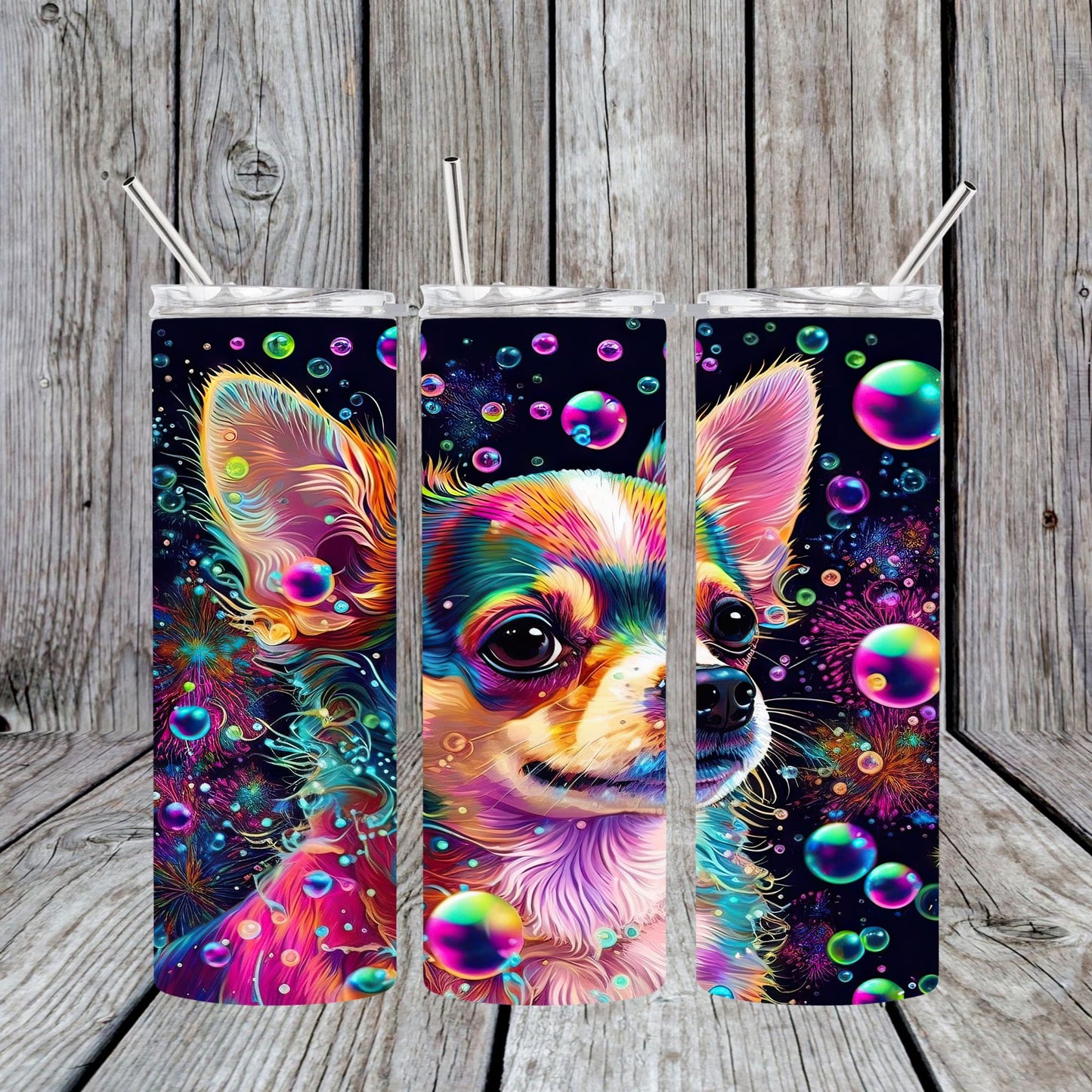Stainless Steel Sublimated Tumbler Chihuahua With Bubbles