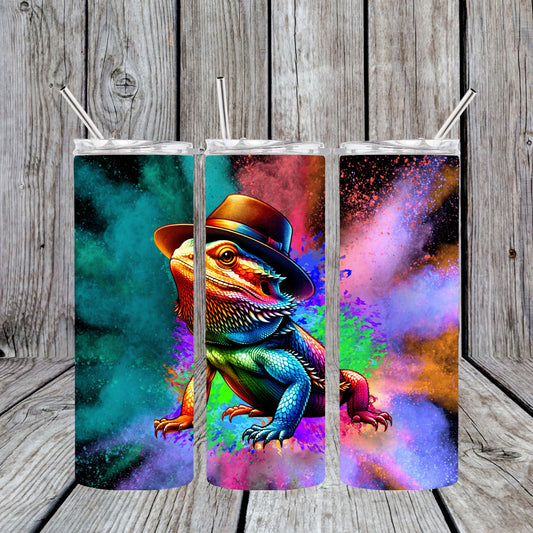 20 oz Stainless Steel Sublimation Tumbler Bearded Dragon With Hat