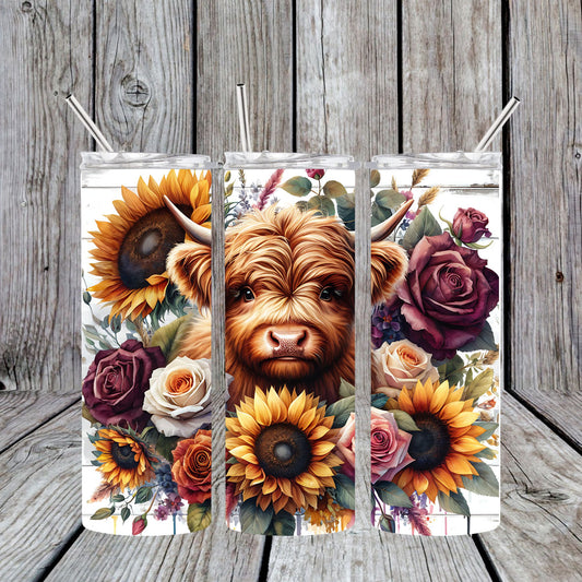 20 oz Stainless Steel Sublimated Tumbler Highland Cow Floral