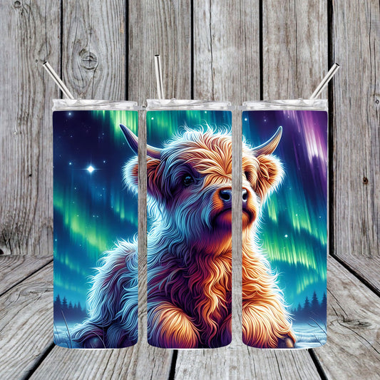 20 oz Stainless Steel Sublimated Tumbler Northern Lights Sky Highland Cow