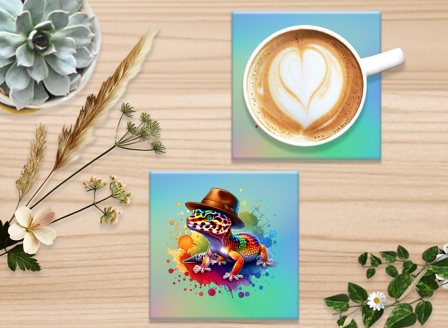 Drink Coasters Pack Of Two Leopard Gecko With Hat