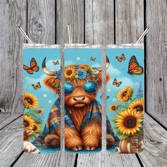 20 oz Stainless Steel Sublimated Tumbler Hippie Highland Cow